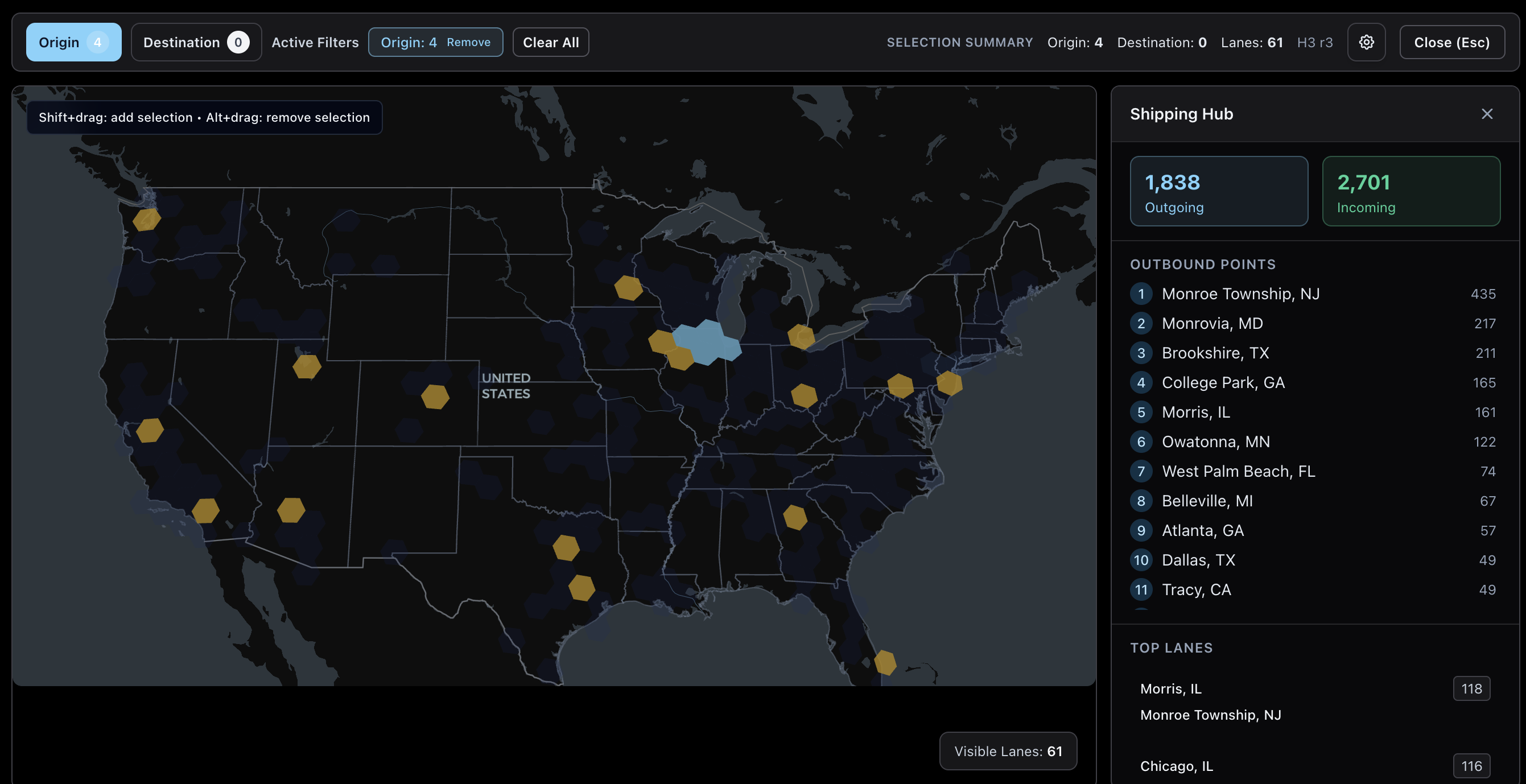 Lane map showing shipping hubs with outbound and inbound volumes across the US