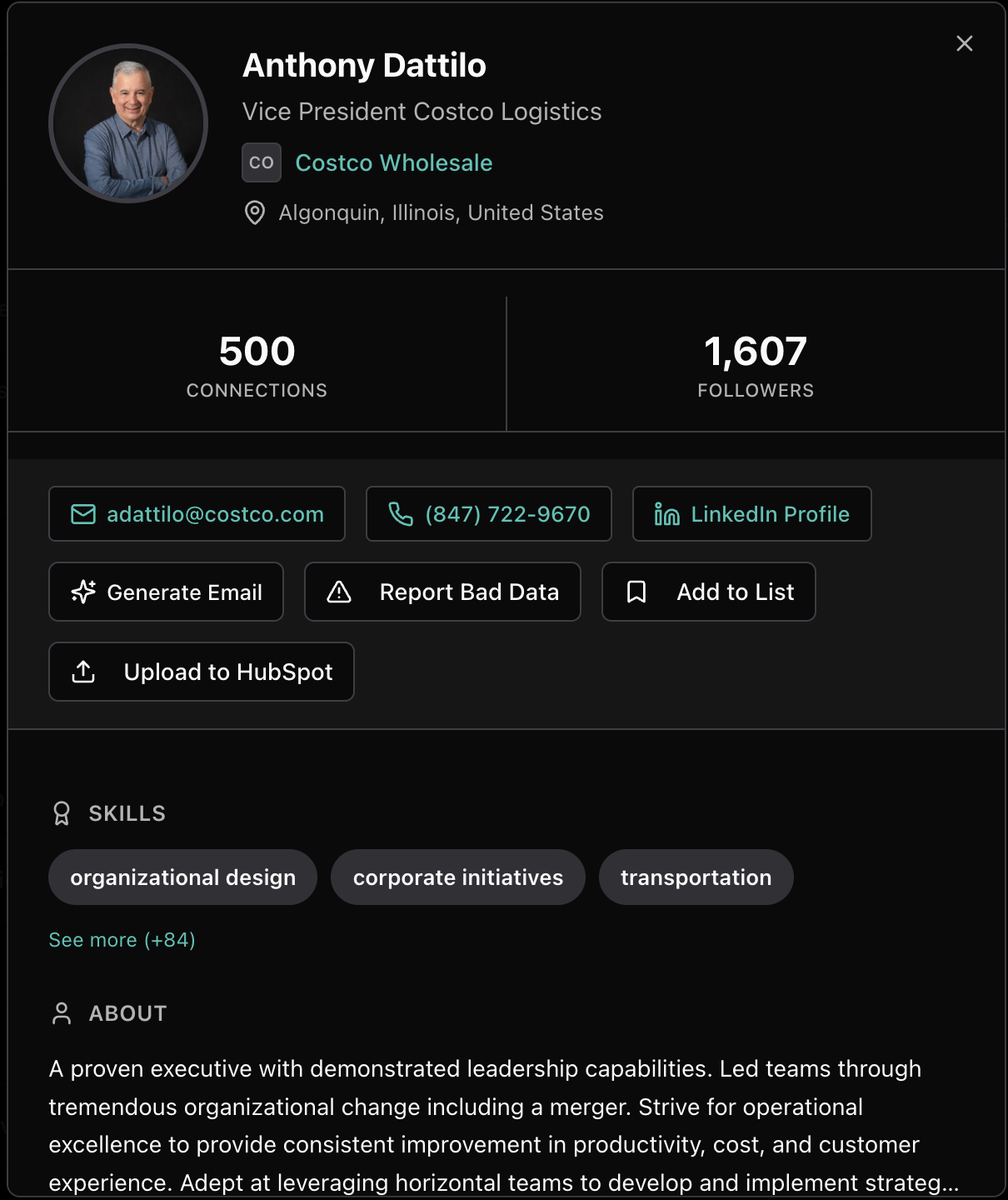 Contact detail card showing email, phone number, LinkedIn profile, and HubSpot export